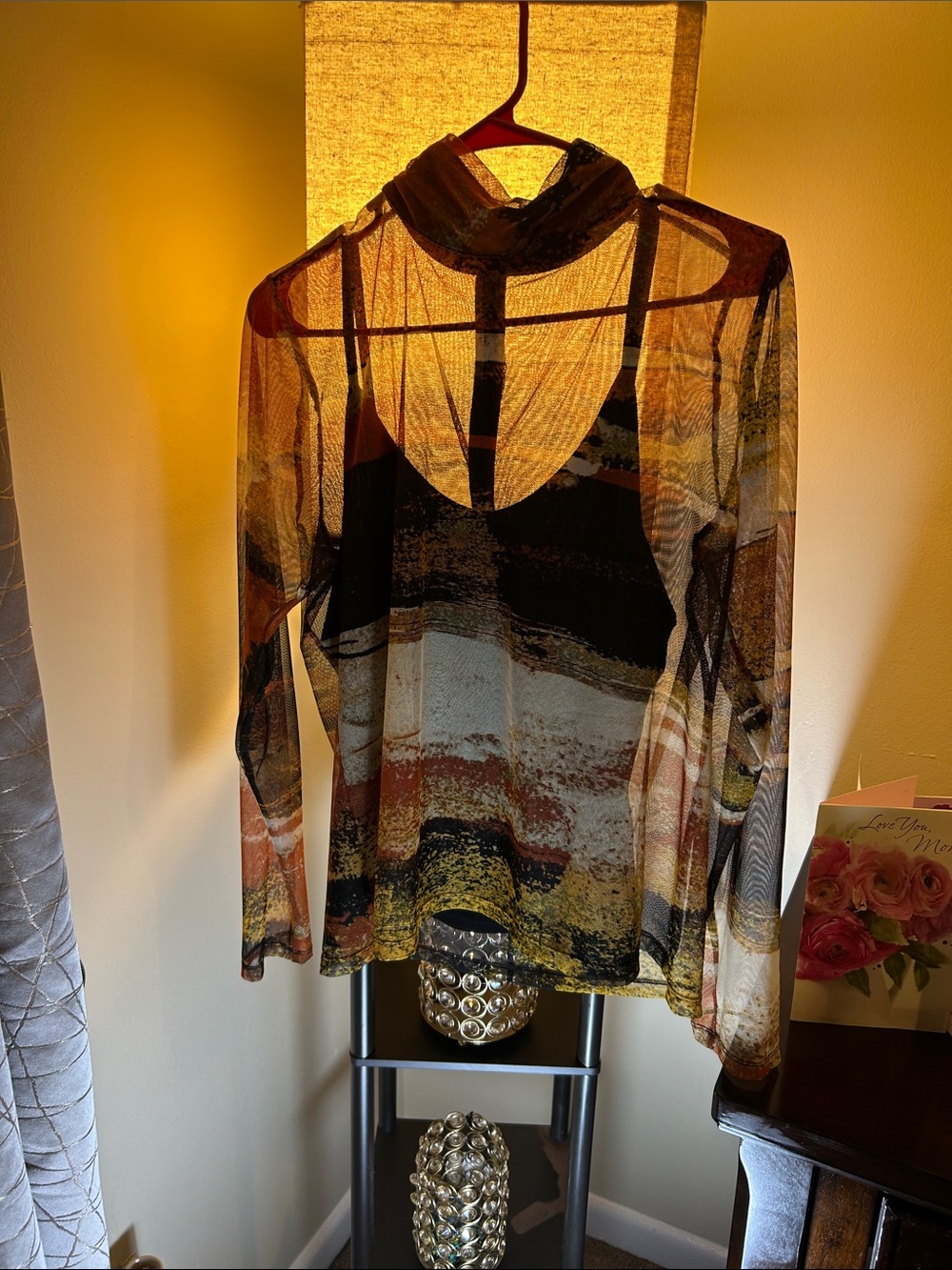 DKNY Sheer Multi-Color Long Sleeve Mock Neck Top